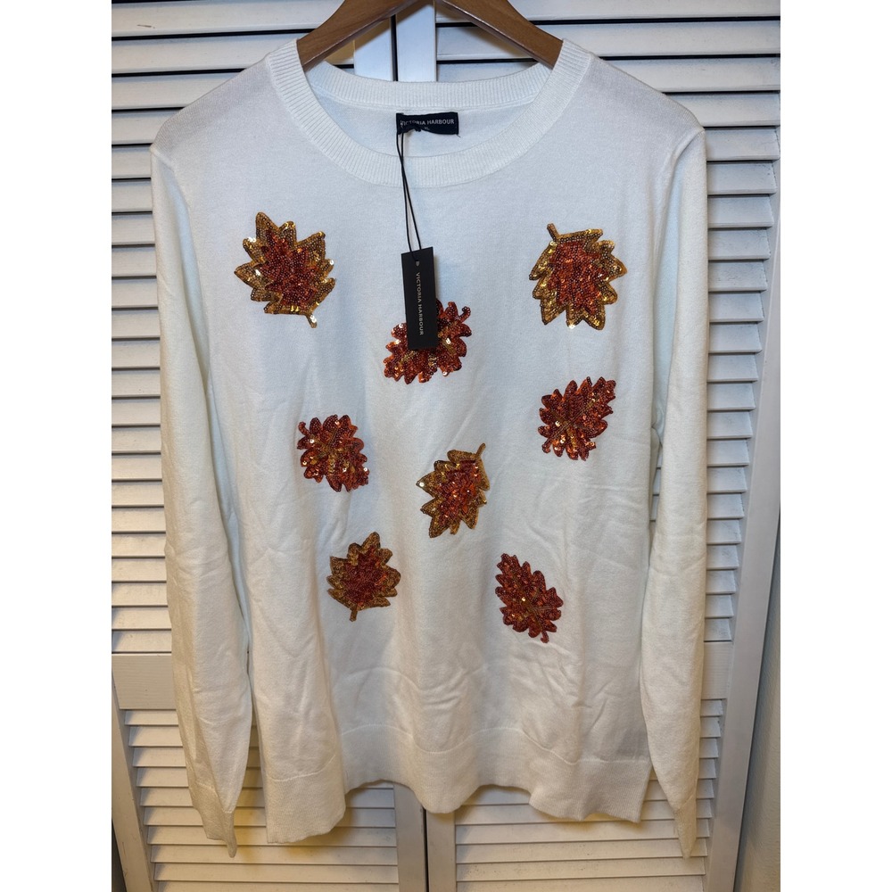 Victoria Harbour Womens XL White Sequin Autumn Leaf Sweater Crew Neck Fall Knit